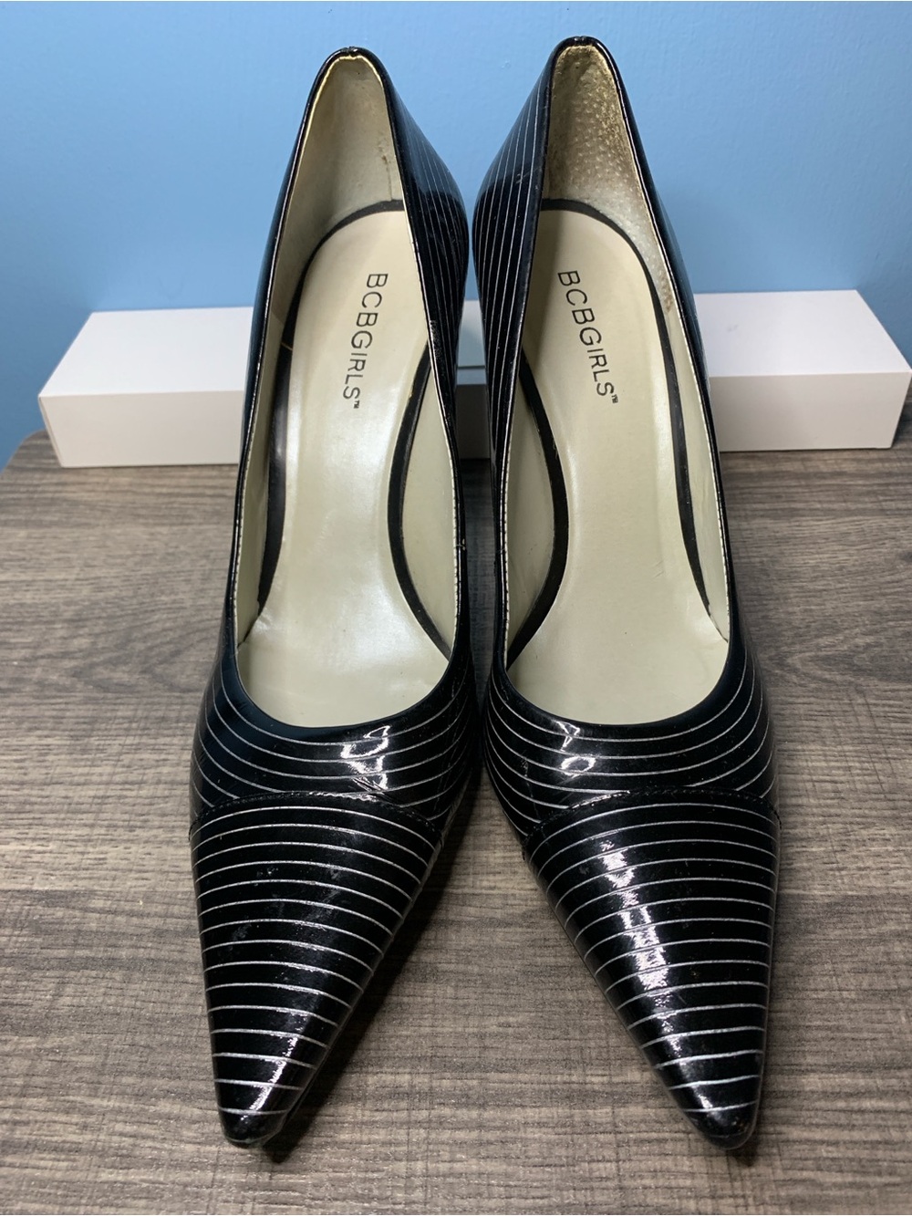 BCBGirls Black Pinstripe Pointed-Toe Pumps